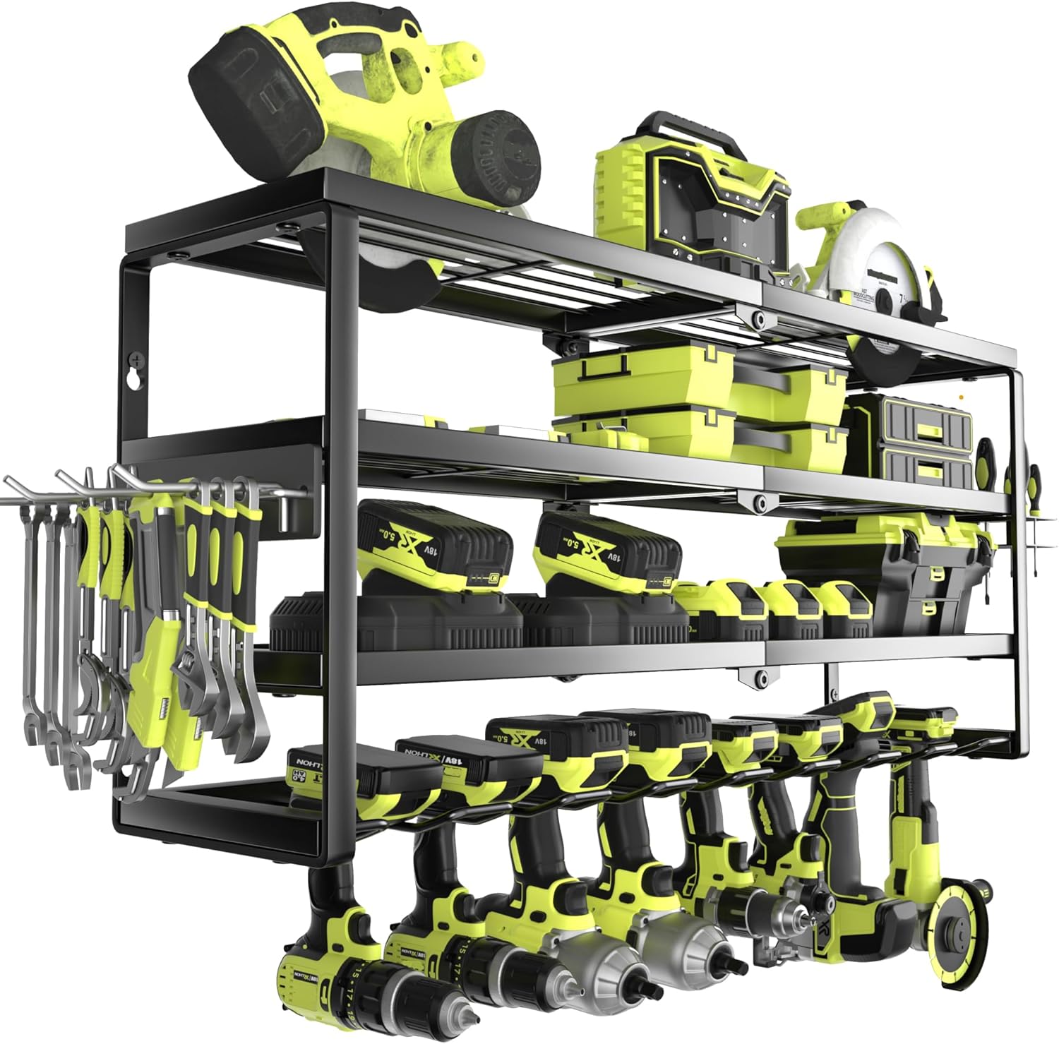 Power Drill Cordless - 4層式壁掛け電動工具オーガナイザー、充電ステーション付き、頑丈なコードレスドリルホルダー、ガレージ用バッテリー収納ラック