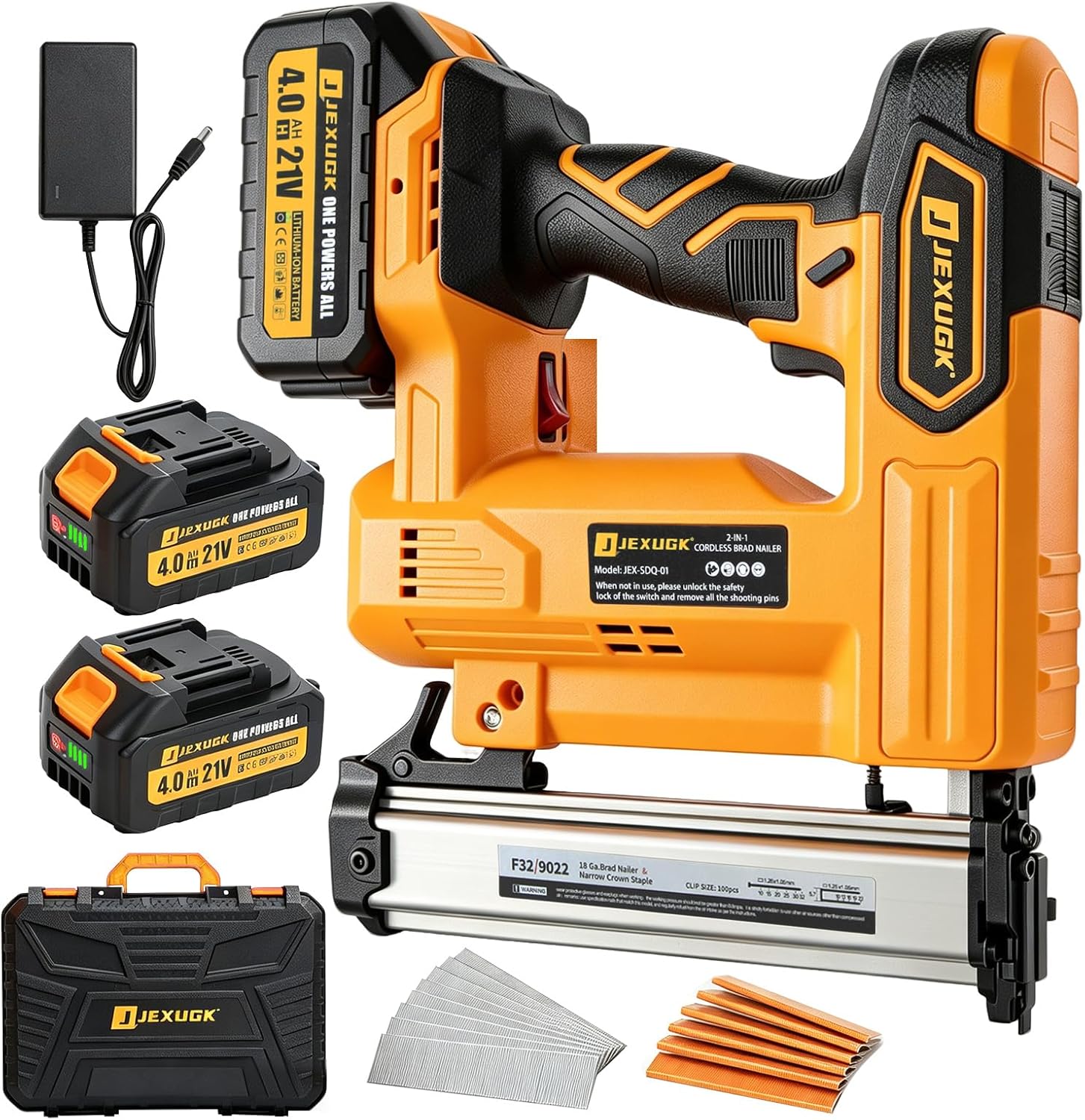 Home Improvement Brad - バッテリー駆動式18GA 2-in-1ブラッドネイラー＆ステープラー、コードレス仕上げ用ネイルガン（2個の4.0Ahバッテリー付き）、ブラッドネイル1000本とステープル1000本入り、木工や家の改善に最適な電動ネイラー