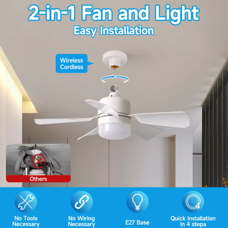 Ceiling Fan Mount - 2026年新型E26/E27ネジ式ファンライト、20.5インチLEDソケットシーリングファン（リモコン付き）、小部屋やクローゼット用