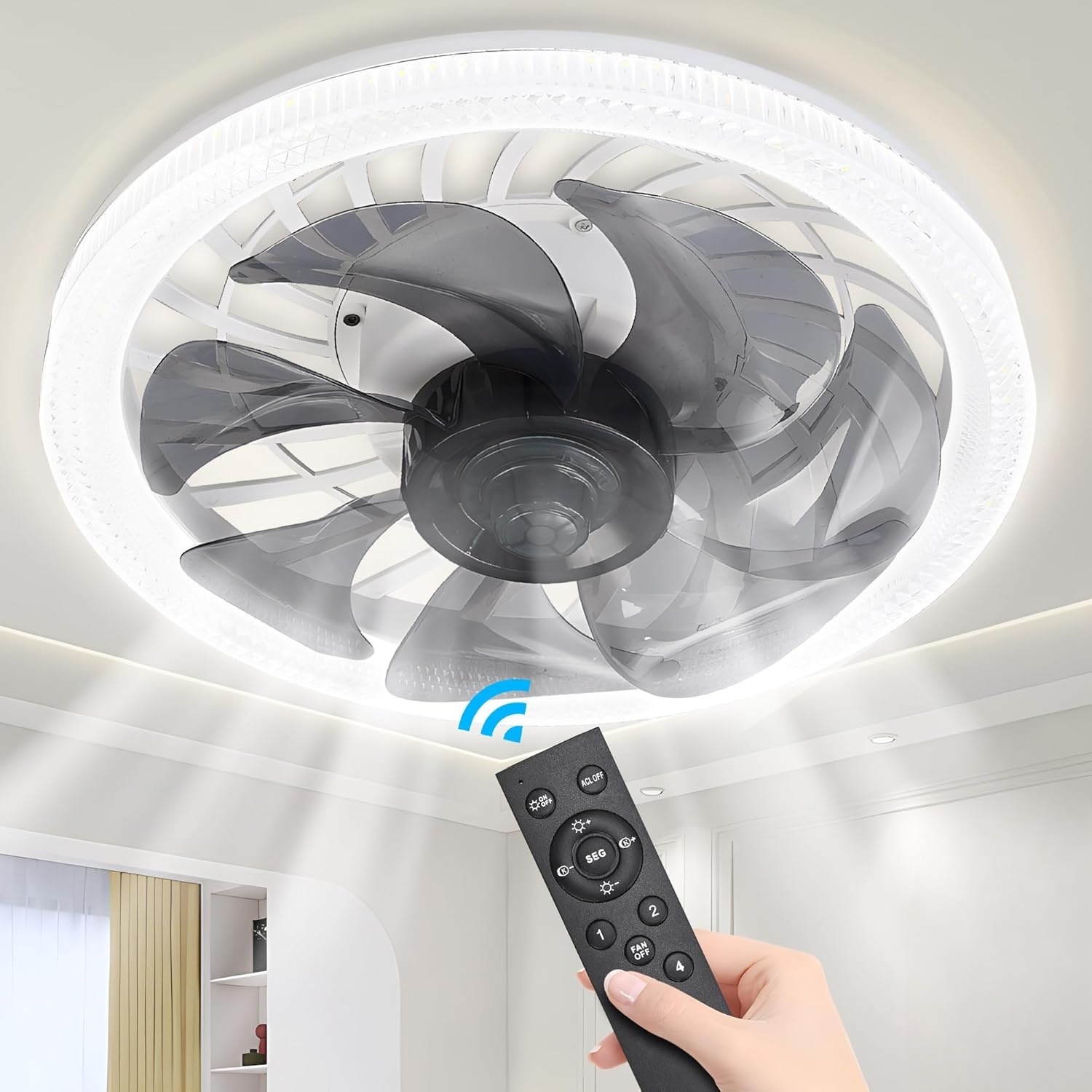 Ceiling Fan Mount - ライト付きシーリングファン、リモート付きソケットファンライト、調光可能3000K-6500K、ソケットモダンフラッシュマウントロープロファイルシーリングファン