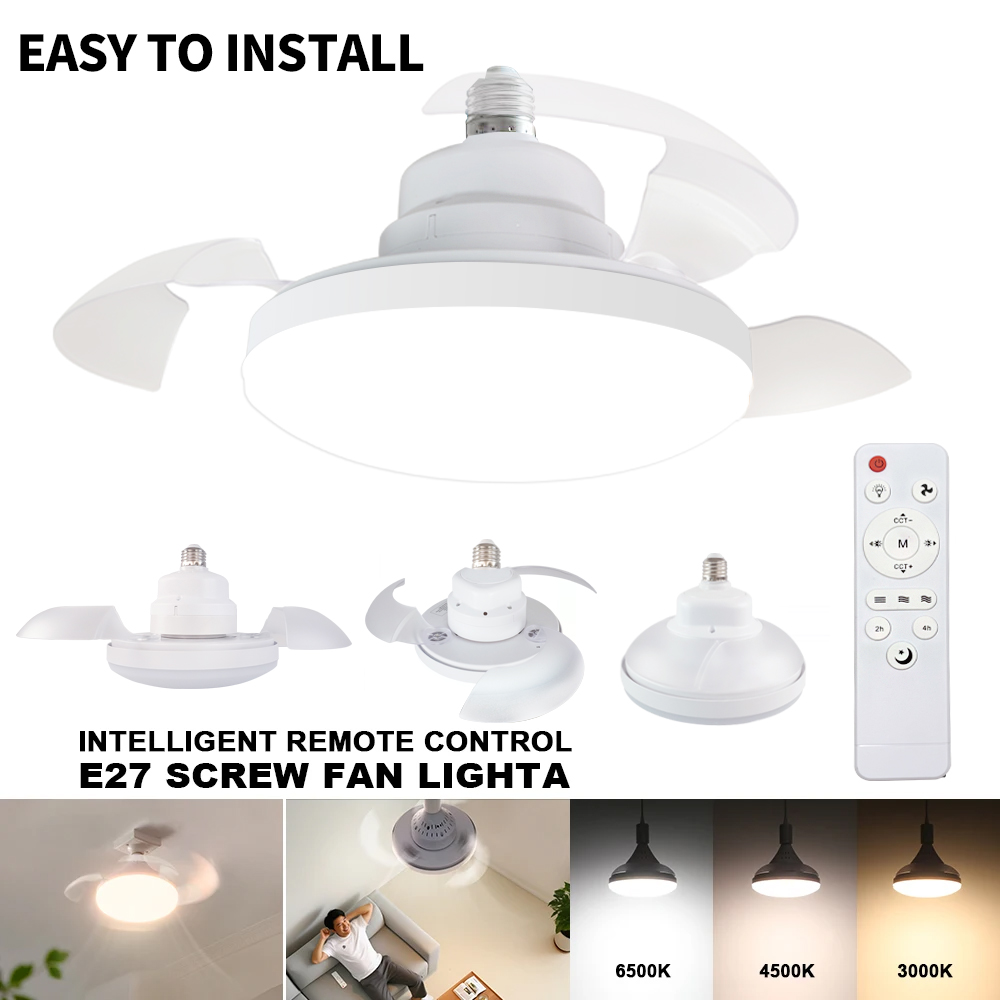 Ceiling Fan Mount - ホームソケットE27天井取り付けファンライト、リモコン付きLEDライト、3段階調光、リビングルーム、寝室、キッチンライト